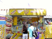 Customers ordering at intensely decorated food stand, Street Food Vendor sign art, National Mall, Washington D.C.