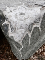 Complex pattern (detail), profile, signed Cosmo (Joel Cardenas). Chicago lakefront stone carvings, Promontory Point. 2025