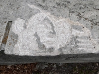 Complex pattern, profile (detail), signed Cosmo (Joel Cardenas). Chicago lakefront stone carvings, Promontory Point. 2025