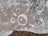 Circular shapes and lines on Free Palestine rock. Chicago lakefront stone carvings, Promontory Point. 2025