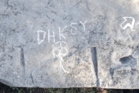 DHKSY, flower, arrow, made during the Oct. 9, 2022, Promontory Point carving workshop. Level 5. Chicago Lakefront stone carvings, Promontory Point. 2022