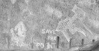 Hannah profile and Save the Point, made by Roman Villareal during the May 28, 2022, Promontory Point carving workshop, with "Hannah" added Oct. 9. Chicago Level 5. Lakefront stone carvings, Promontory Point. 2022