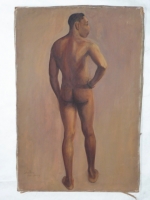 Shelly Humphrey oil painting, back  of standing nude man , found in Yakima, Washington