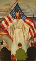 Jesus with American flag, ship and airlplane behind him. Anonymous, found in Midlothian, Illinois, 1953