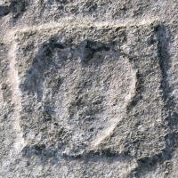 Framed heart, detail, Mike + Lanna(?), Bill, B, Ed. Chicago Lakefront stone carvings, south of La Rabida Hospital. 2025