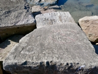 Autograph rock: Karole, Laurie Evett, W, HI, BB, LD, others. Chicago Lakefront stone carvings, south of La Rabida Hospital. 2025