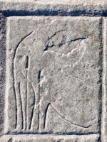 Indeterminant shape from 12-panel carving. Perhaps those are plants on the left and a bat in front of the moon on the right. Chicago Lakefront stone carvings, south of La Rabida Hospital. 2025