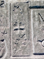 Clover with oak leaves, from 12-panel carving. Chicago Lakefront stone carvings, south of La Rabida Hospital. 2025