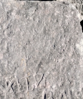 Autograph rock detail: JI, Bob, K, G.T., C, Ray, Babe, W, K, Shorty, Pegleg, Bart, Ray, others. Chicago lakefront stone carvings, south of La Rabida Hospital. 2025