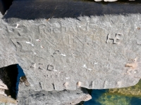 Autograph Rock: Tom, the Swede, Richard Vine, HE, EZO, M-7, others. Chicago lakefront stone carvings, south of La Rabida Hospital. 2023