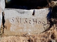 Ski School. Chicago lakefront stone carvings, Rainbow Beach. 2019