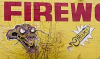 Animal face and rocket, Fireworks store painted wall