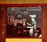 Herm's Hot Dog Palace, Dempster near McCormick, Skokie. This version of the window painting is long gone