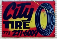 Sign with tire, City Tire, Lincoln Avenue at Carmen, Chicago.-Roadside Art
