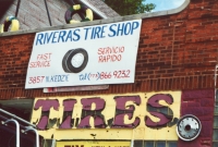 Painted tires and signs, Rivera's Tire Shop, Kedzie Avenue at Byron, Chicago-Roadside Art