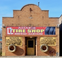 Facade with mounted tire signs, Adame Tire Shop, Ashland Avenue near 43rd Street-Roadside Art