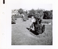 Woman posing with animal topiary snapshot