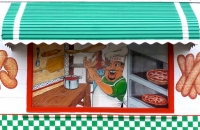 Painting of cook throwing pizza, Route 66 Pizza, Indianapolis Ave, Chicago