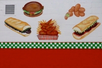 Painting of various menu items, Route 66 Pizza, Indianapolis Ave, Chicago