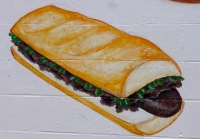 Painting of sausage sandwich, Route 66 Pizza, Indianapolis Ave, Chicago