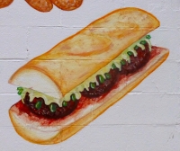 Painting of meatball sandwich, Route 66 Pizza, Indianapolis Ave, Chicago