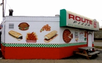 Building and painted menu items, Route 66 Pizza, Indianapolis Ave, Chicago