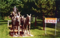 Color view of horse team "from the movie Ben Hur" at Fred Smith's Wisconsin Concrete Park,  Phillips, postcard