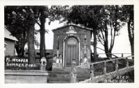 Front of church building at the Wegner grotto, Sparta, Wisconsin, postcard