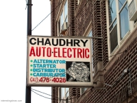 Trade sign with auto part image, Chaudry Auto Electric, Lawrence Avenue at Hamlin-Roadside Art