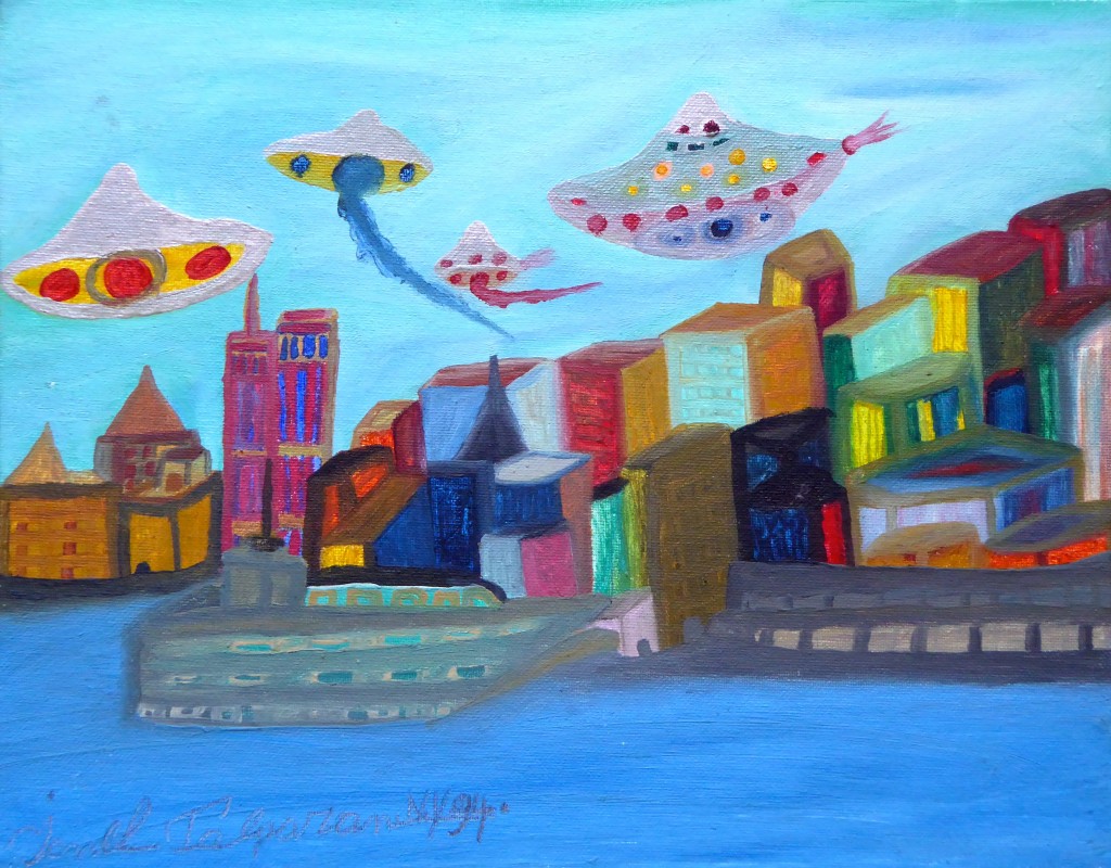 Ionel Talpazan UFOs over city painting, New York City, 1994