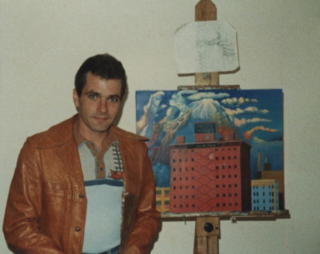 Joe Markevicius with his painting of the Tripoly building, Chicago