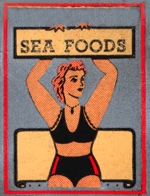 Vintage drawing of woman holding Seafood sign from Roadside Art: Matchbook Design