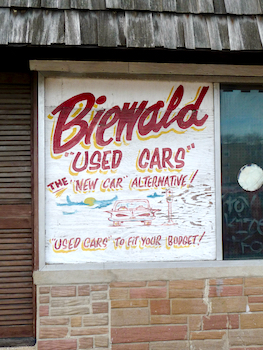 Hand-made Cars sign at Biewald Used Cars, Chicago-roadside art