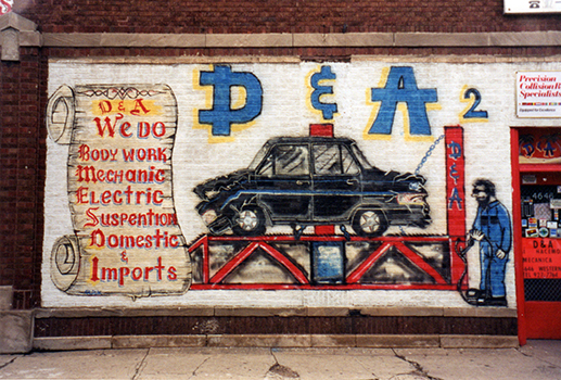 Painting of a car on a lift, D&A Auto Body and Repair, Chicago-roadside art