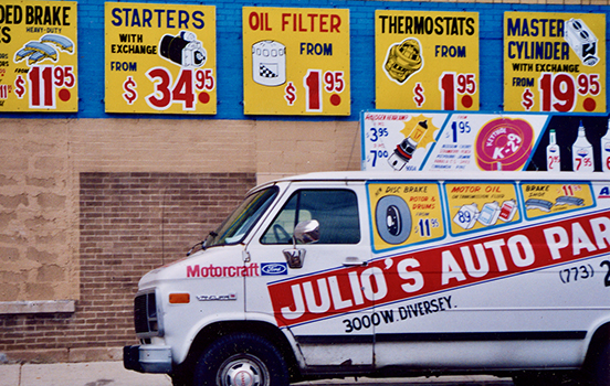 Signage on wall and van, Julio's Auto Parts, Chicago-roadside art