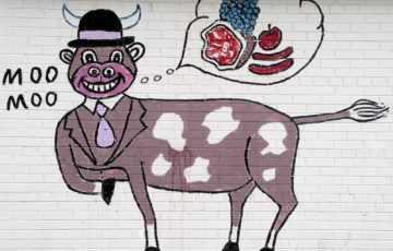 Painting of bull in hat thinking of food, Jimmy's Grocery, Chicago
