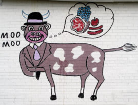 Painting of bull in hat thinking of food, Jimmy's Grocery, Chicago