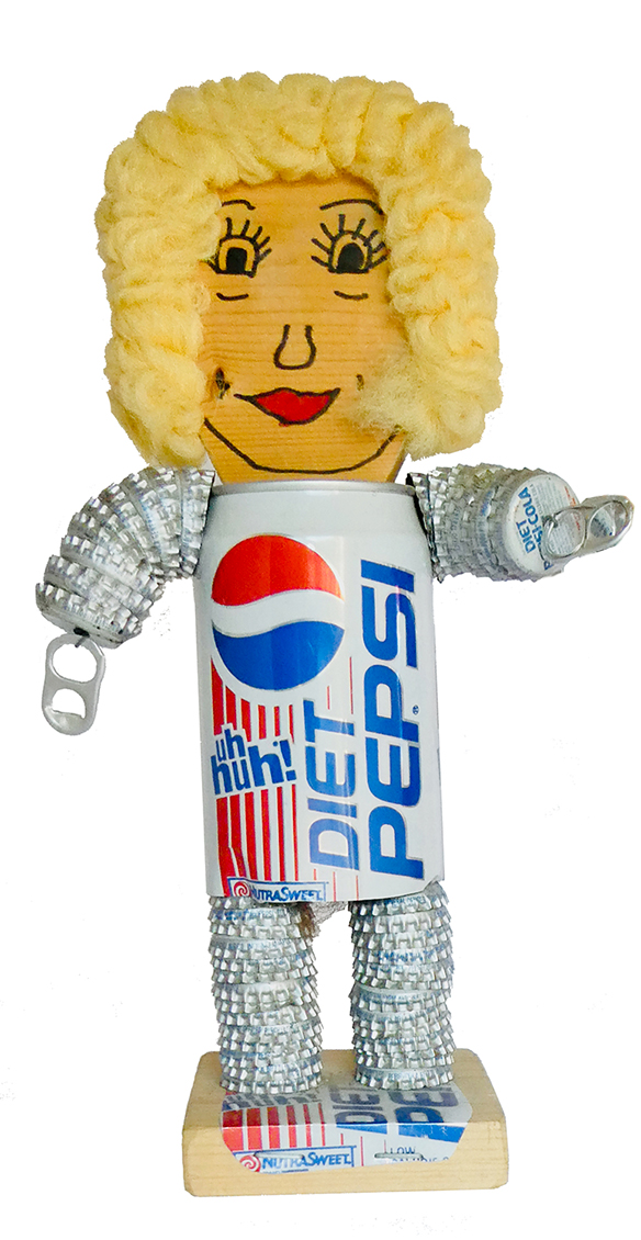 Bottle-cap art: 1990s female figure with Diet Pepsi soda can