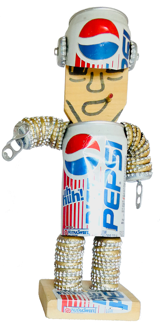 Bottle-cap art: 1990s male figure with Diet Pepsi soda can