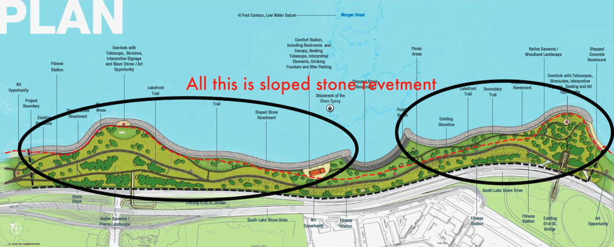 Morgan Shoal plan diagram showing pebble beach and sloped stone revetment