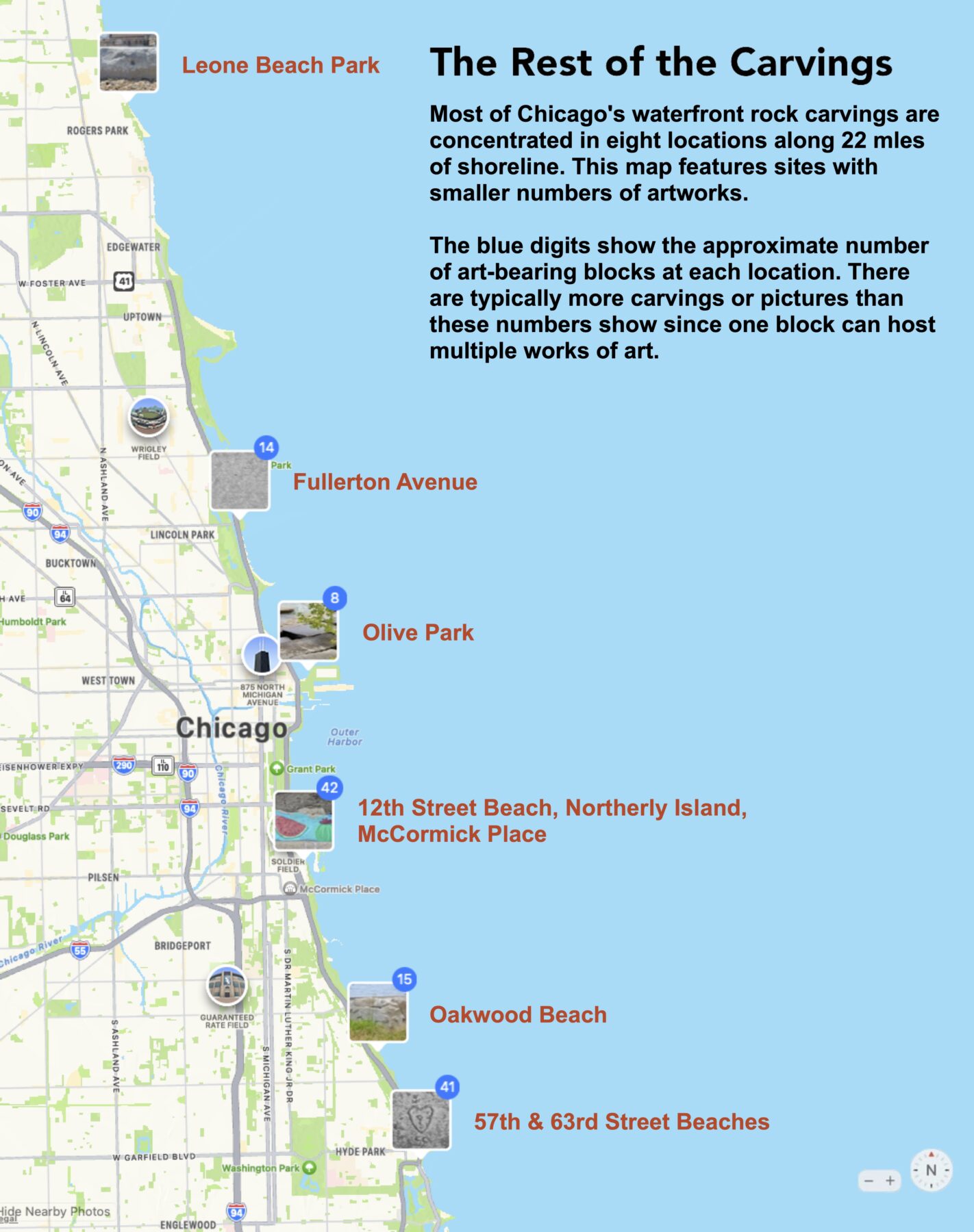 Map showing other locations of Chicago lakefront rock carvings